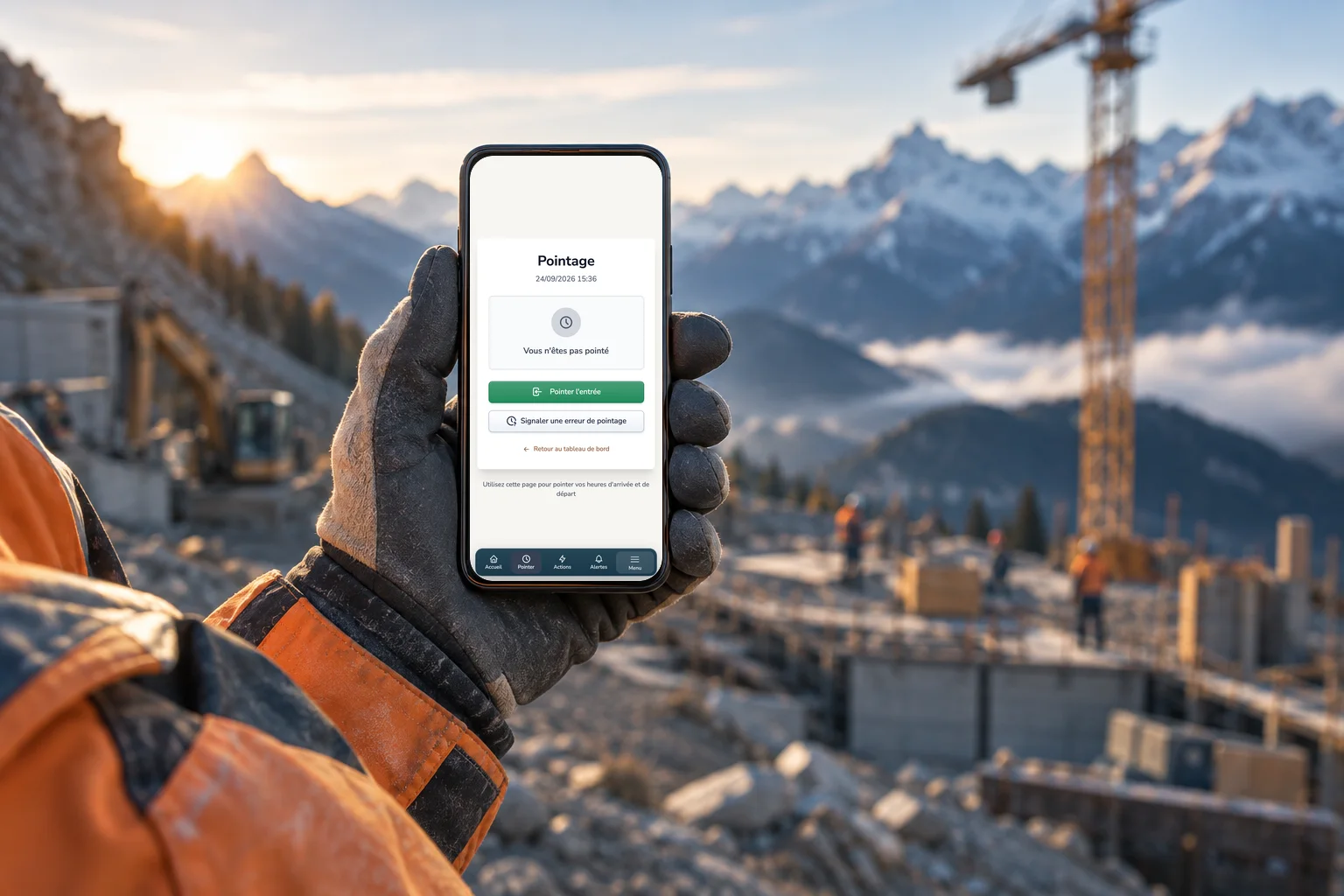 Sur un chantier de montagne, une main gantée tient un téléphone affichant l’écran de pointage de Kiarana.