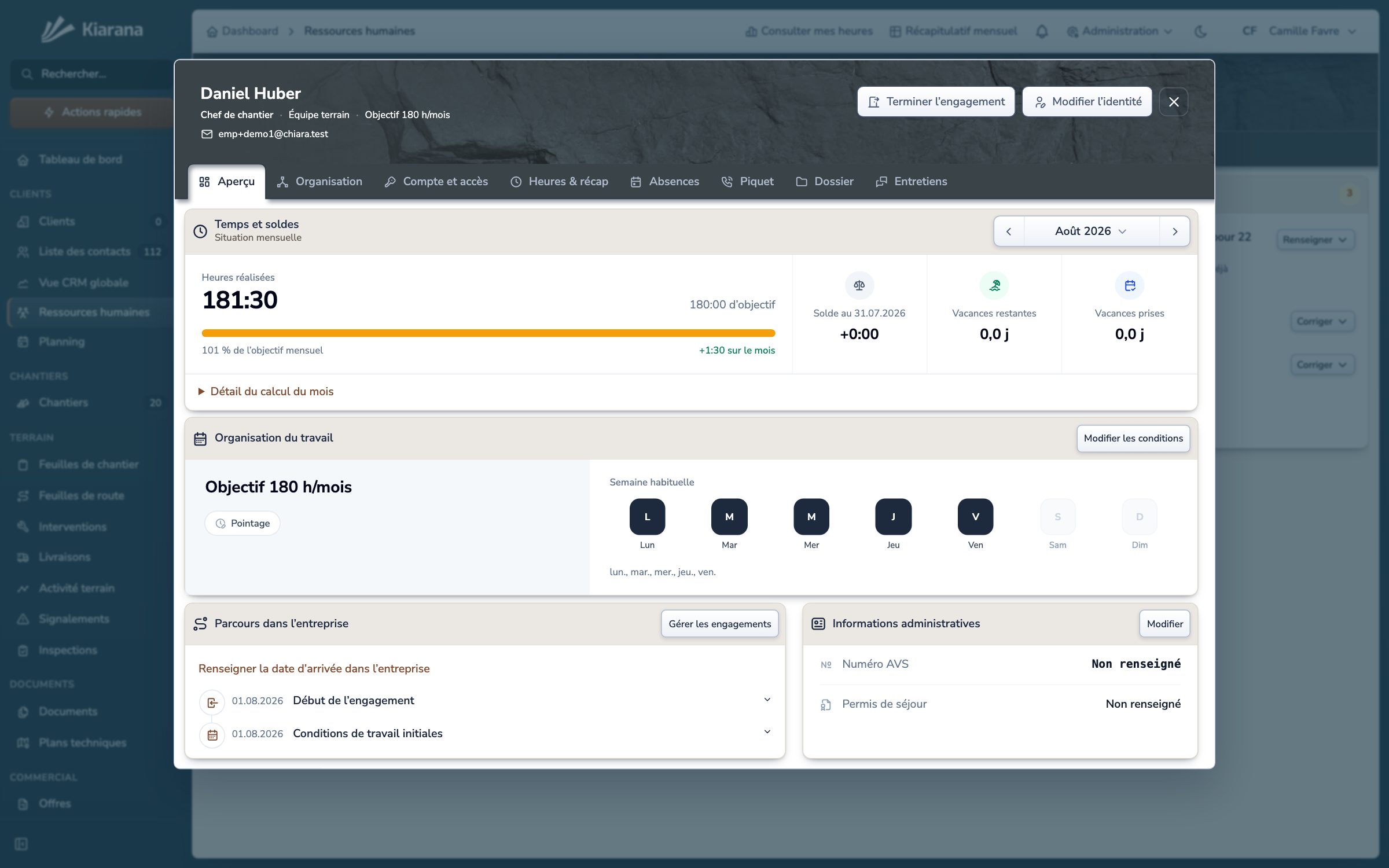 Fiche collaborateur Kiarana avec les heures du mois, les soldes et l’organisation du travail.